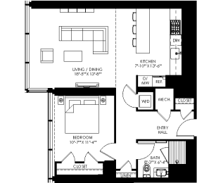 a floor plan of a small house with a bedroom and a living room