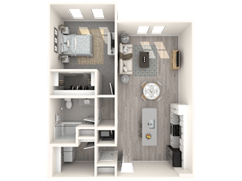 A 3D rendered image of a small apartment layout.