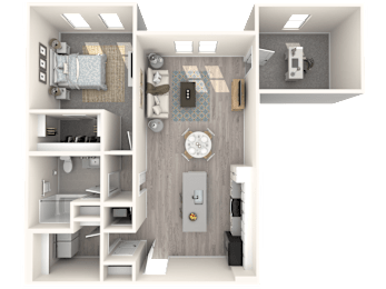 A 3D rendered image of a small apartment layout.