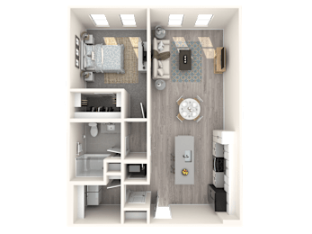 A 3D rendered image of a small apartment layout.