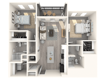 A 3D floor plan of a small apartment with two bedrooms, a living room, a kitchen, and a bathroom.