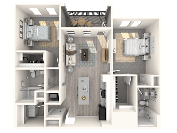 A 3D rendered image of a small apartment layout.