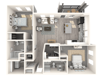 A 3D rendered image of a small apartment layout.
