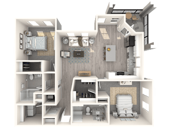 A 3D rendered image of a small apartment layout.