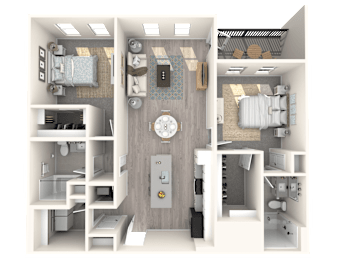 A 3D rendered image of a small apartment layout.