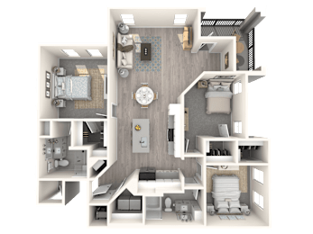 A 3D floor plan of a house with a kitchen, living room, and bedrooms.