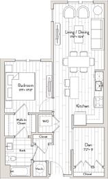 A floor plan of a house with a living/dining area, kitchen, two bedrooms, a bathroom, a walk-in closet, and a den.