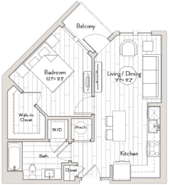 A floor plan of a house with a balcony, living/dining room, kitchen, bathroom, bedroom, and walk-in closet.