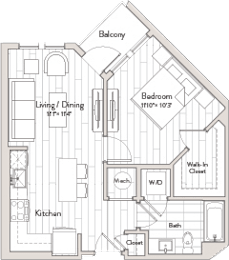 A floor plan of a house with a balcony, living/dining area, kitchen, bathroom, and bedrooms.