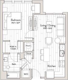A floor plan of a house with a bedroom, living/dining area, kitchen, and bathroom.