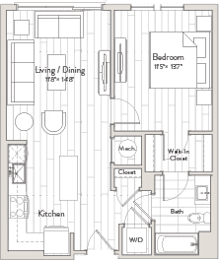 A floor plan of a house with a living/dining room, kitchen, bath, and bedroom.