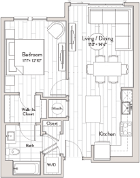A floor plan of a house with a bedroom, living/dining area, kitchen, bathroom, and walk-in closet.