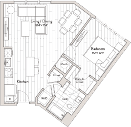A floor plan of a house with a living room, kitchen, and bedrooms.