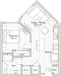 A floor plan of a house with a living/dining area, kitchen, bedroom, bathroom, and closet.