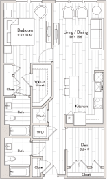 A floor plan of a house with a living room, kitchen, and bathrooms.