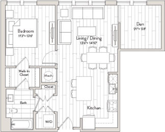 A floor plan of a house with a living room, dining room, kitchen, and two bedrooms.