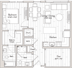 A floor plan of a house with a living room, dining room, kitchen, two bathrooms, a walk-in closet, and a den.