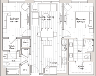 A floor plan of a house with two bathrooms, a kitchen, and two bedrooms.