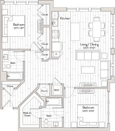 A floor plan of a house with a kitchen, living/dining area, and two bedrooms.