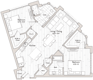 A floor plan of a house with a living room, dining room, kitchen, and two bathrooms.