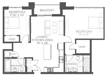 A black and white image of a house floor plan with a balcony, two bedrooms, a living/kitchen area, two bathrooms, and a closet.