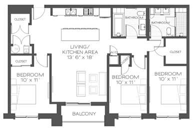 A black and white image of a house floor plan with a living/kitchen area, two bedrooms, two bathrooms, and a balcony.
