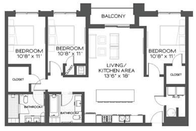 A black and white image of a house floor plan with a balcony, three bedrooms, a living/kitchen area, two bathrooms, and two closets.