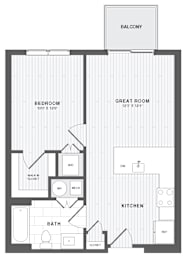 A black and white image of a floor plan for a balcony, bedroom, great room, kitchen, and bath.