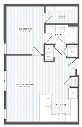 A floor plan of a house with a bedroom, bathroom, great room, and kitchen.