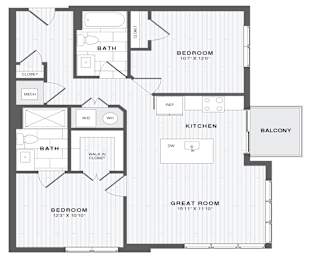 A floor plan of a house with a kitchen, two bathrooms, two bedrooms, a great room, and a balcony.