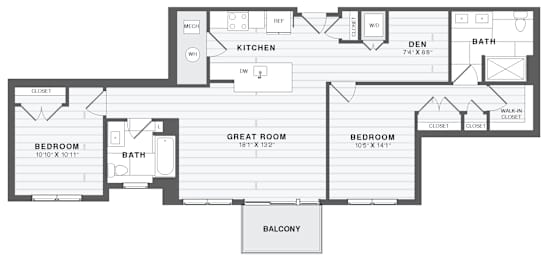 A floor plan of a house with two bedrooms, a kitchen, a bath, a great room, and a balcony.