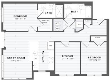 A floor plan of a house with three bedrooms, a great room, and a kitchen.
