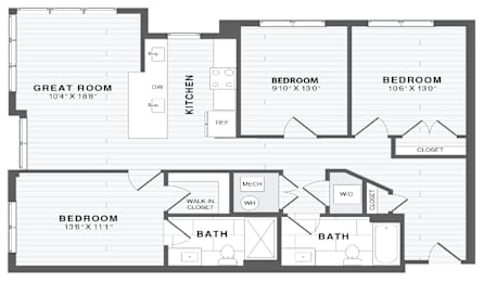 A floor plan of a house with a great room, kitchen, and four bedrooms.
