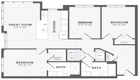 A floor plan of a house with a great room, kitchen, and three bedrooms.