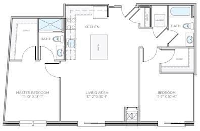 A floor plan of a house with a living area, kitchen, two bathrooms, a master bedroom, and a bedroom.