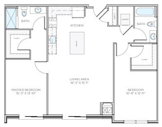 A floor plan of a two-bedroom apartment with a living area, kitchen, and bathrooms.