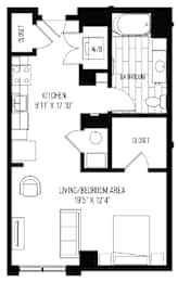 A black and white image of a floor plan for a small apartment.