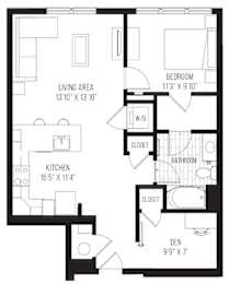 A black and white image of a floor plan for a home with a living area, kitchen, bedroom, bathroom, and den.