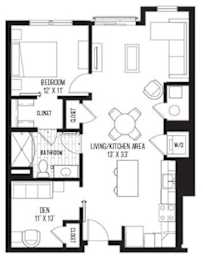A black and white image of a floor plan for a small apartment.