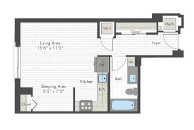 A floor plan of a small apartment with a living area, sleeping area, kitchen, and bathroom.
