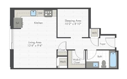 A floor plan of a small apartment with a kitchen, living area, sleeping area, and bathroom.