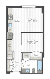 A floor plan of a small apartment with a sleeping area and a kitchen.