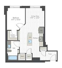 A floor plan of a small apartment with a bedroom, living area, kitchen, and bathroom.