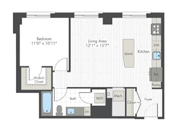 A floor plan of a small apartment with a bedroom, living area, kitchen, and bathroom.