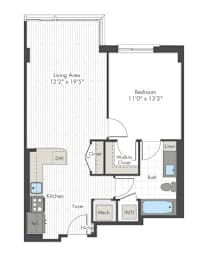 A floor plan of a small apartment with a living area, bedroom, kitchen, and bathroom.