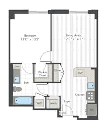 A floor plan of a small apartment with a bedroom, living area, kitchen, and bathroom.