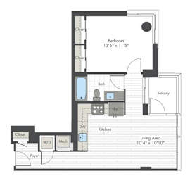A floor plan of a small apartment with a living area, bedroom, and bathroom.
