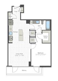 A floor plan of a small apartment with a living area, bedroom, kitchen, and bathroom.