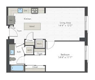 A floor plan of a small apartment with a living area, bedroom, kitchen, and bathroom.