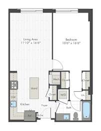 A floor plan of a small apartment with a living area, bedroom, kitchen, and bathroom.